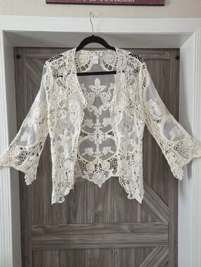 VASNA BOHO 100% COTTON Cream Lace Crochet Kimono Cardigan